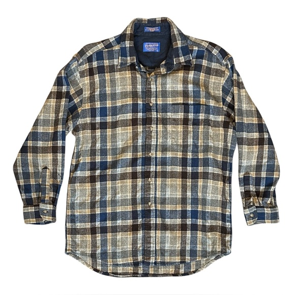 Vintage Pendleton 100% Virgin Wool Flannel Shirt Brown Blue Plaid Men’s Large - Picture 1 of 3
